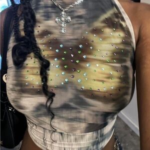 Tie-Dye butterfly Rhinestone Halter Top